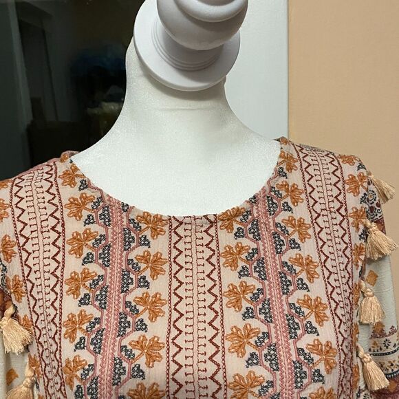 AE Boho Patterned Tassel Balloon Sleeve Peasant Peplum Top Sz M Festival Artsy - Picture 2 of 12